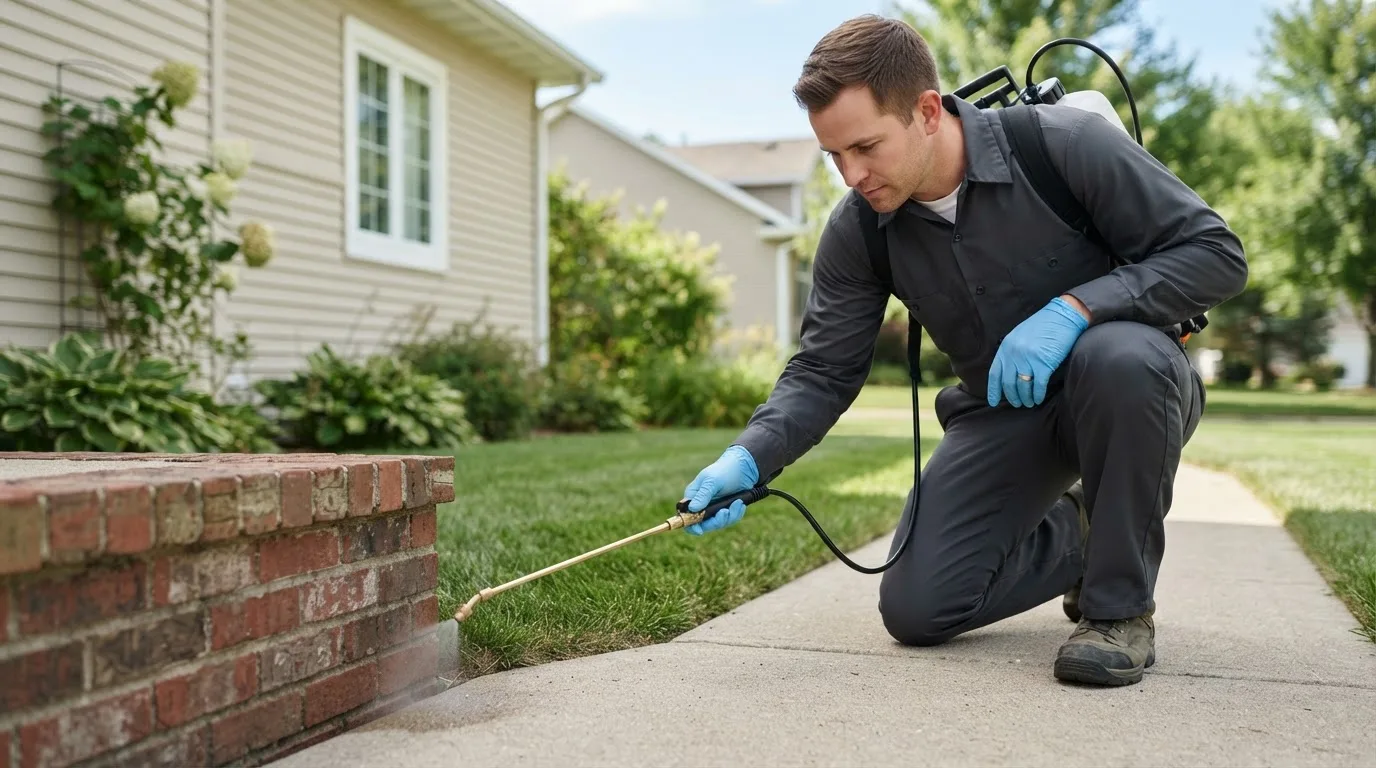 Pest control technician treating a home near Dougherty, OK