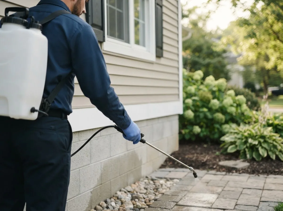 Pest control technician inspecting a home in Dougherty, OK